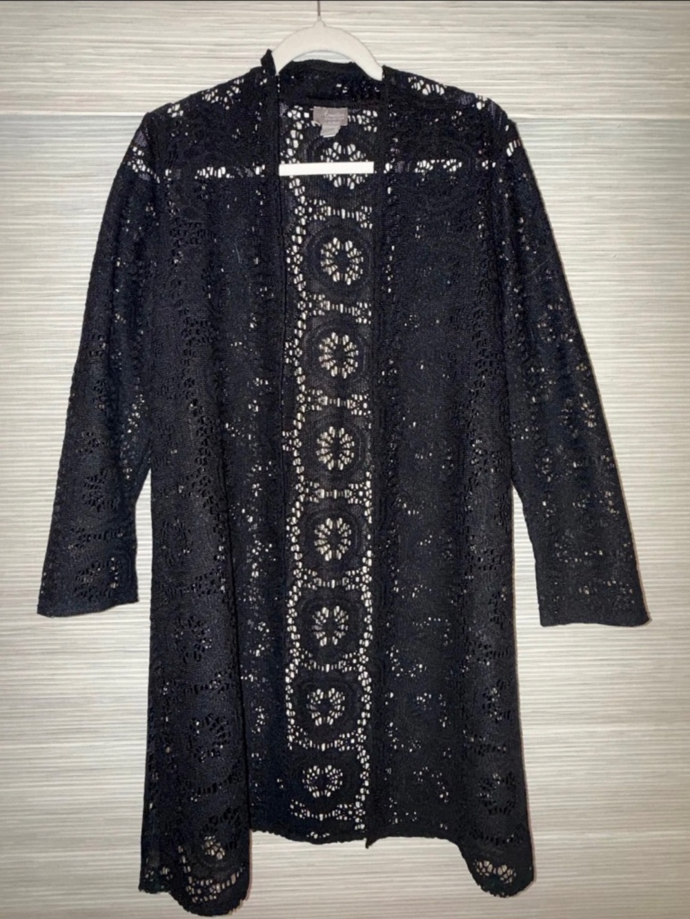 Chicos | Black Crocheted Duster / Cardigan | Size 1 (Medium)